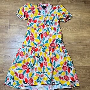 Donna Morgan Cotton White Midi Dress with Yellow & Red Citrus Print Size 2